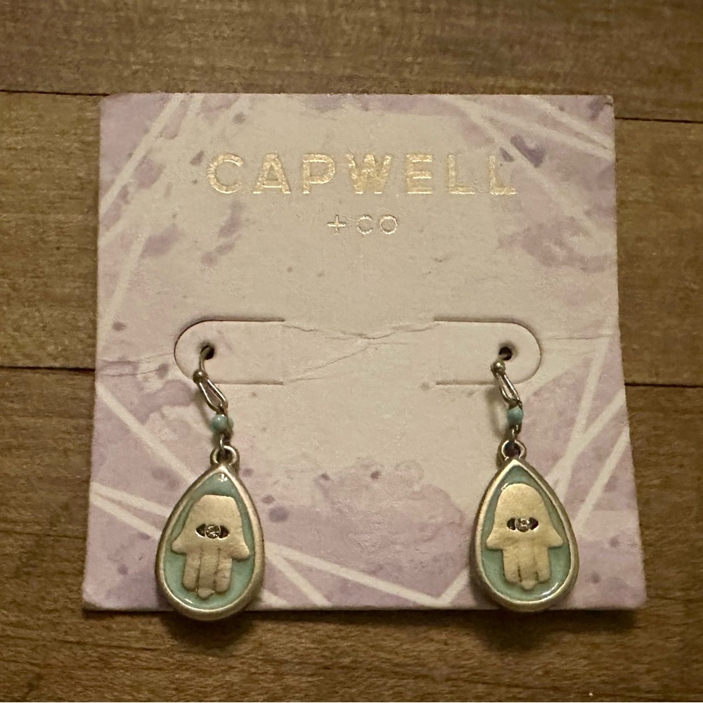 Capwell & Co Light Green & Gold Hamsa Hand Dangling Fishhook Earrings